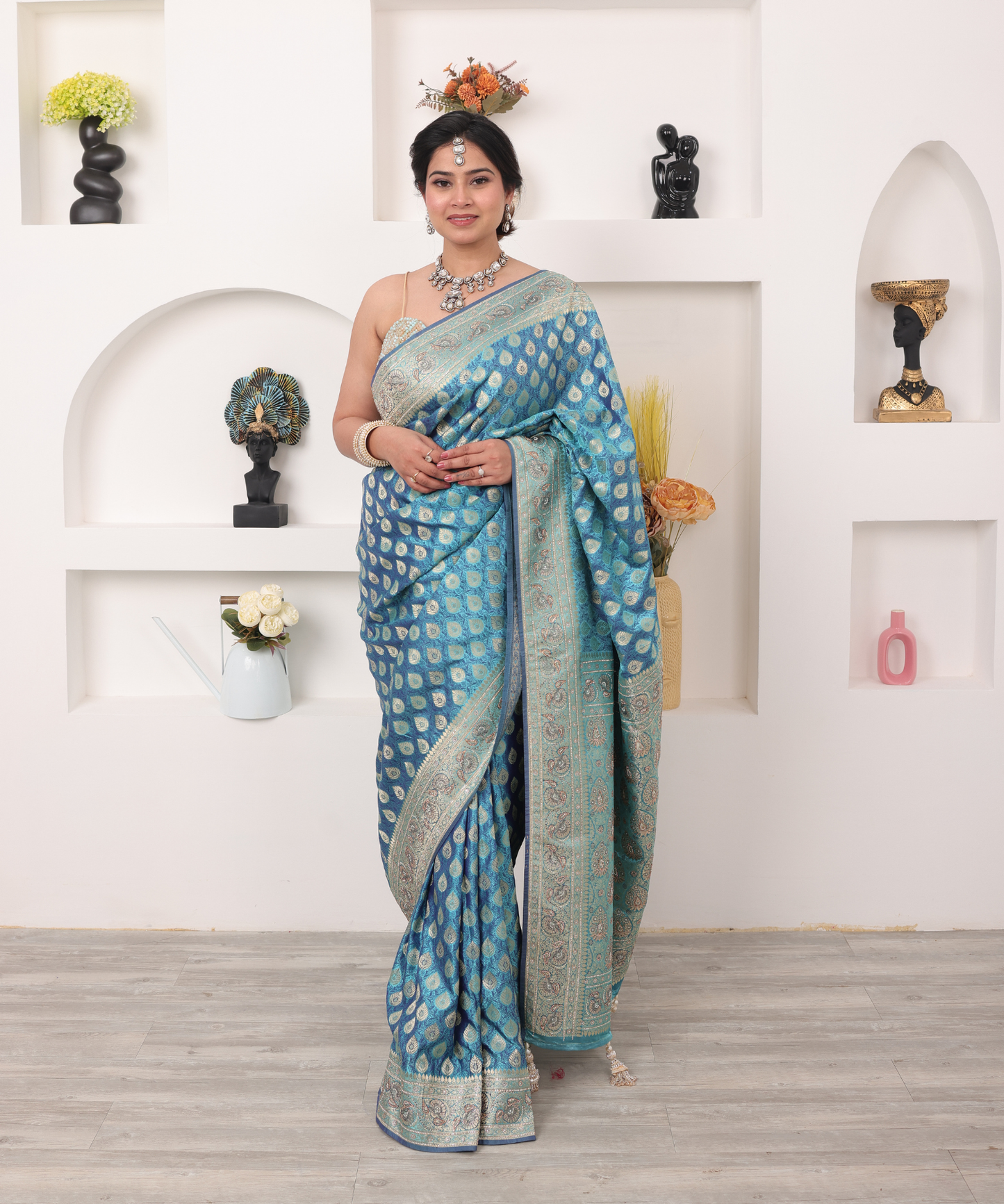 Turquoise Blue Banarasi Silk Saree with Silver Zari Weaving
