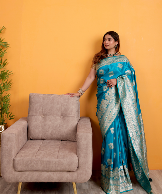 Turquoise Blue Banarasi Soft Silk Saree with Silver Zari Weaving