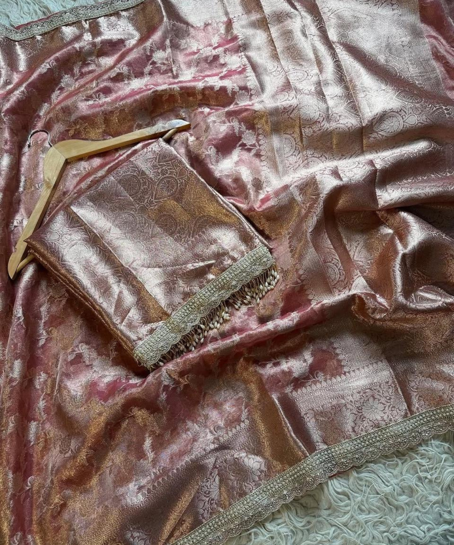 Maharani Collection – Banarasi Soft Tissue Silk Saree with Jaal Weaving & Handwork Lace Border