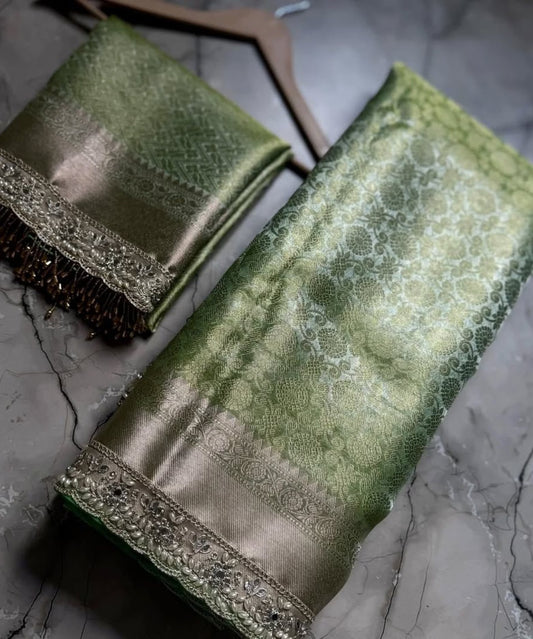 Banarasi Soft Kanchi Tissue Silk Saree with Lace Border & Brocade Blouse