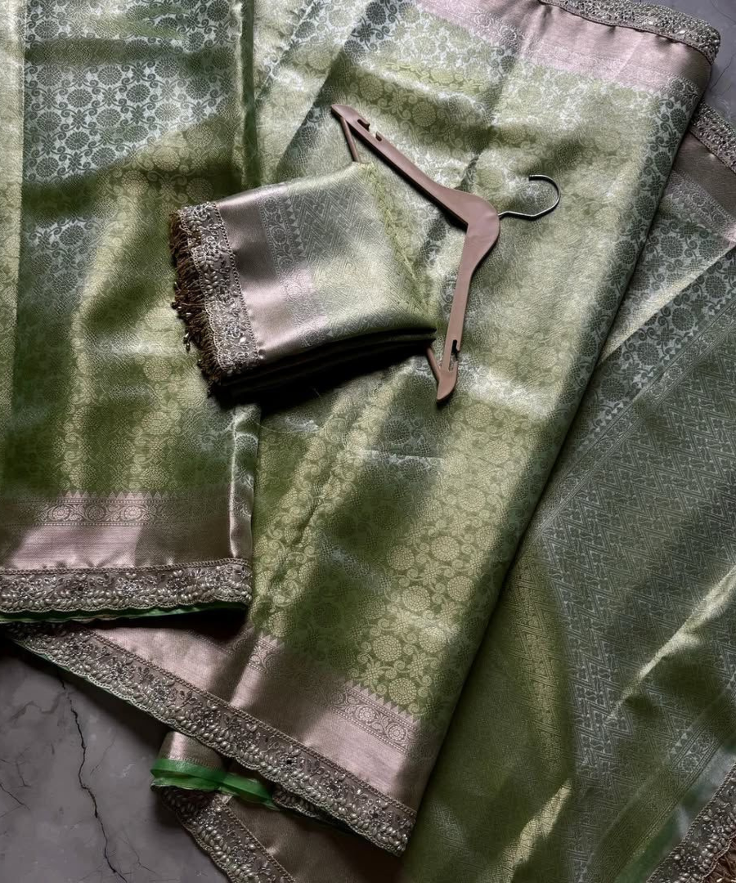 Grape Banarasi Soft Kanchi Tissue Silk Saree with Lace Border & Brocade Blouse