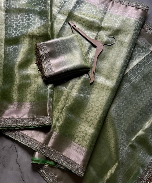Banarasi Soft Kanchi Tissue Silk Saree with Lace Border & Brocade Blouse