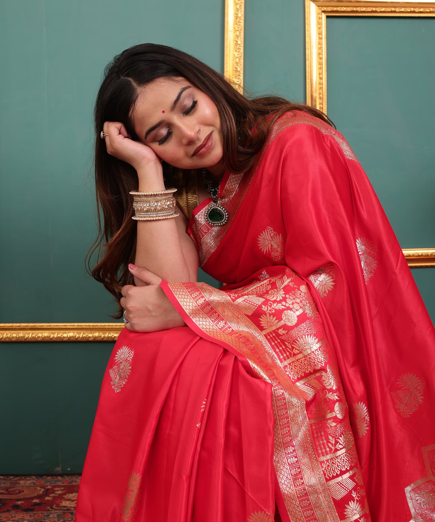Coral Red Soft Silk Saree with Golden Zari Border