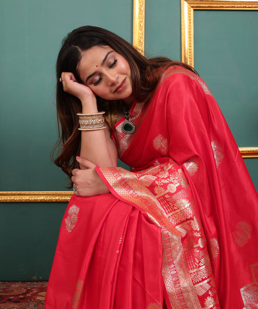 Coral Red Soft Silk Saree with Golden Zari Border