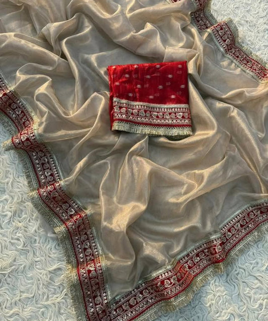 Tissue Luxe Edition – Banarasi Soft Glass Tissue Silk Saree with Velvet & Golden Gotta Lace