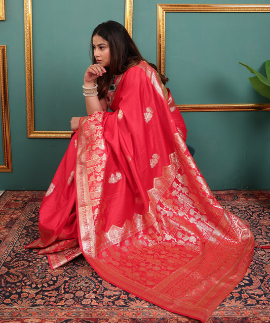Coral Red Soft Silk Saree with Golden Zari Border