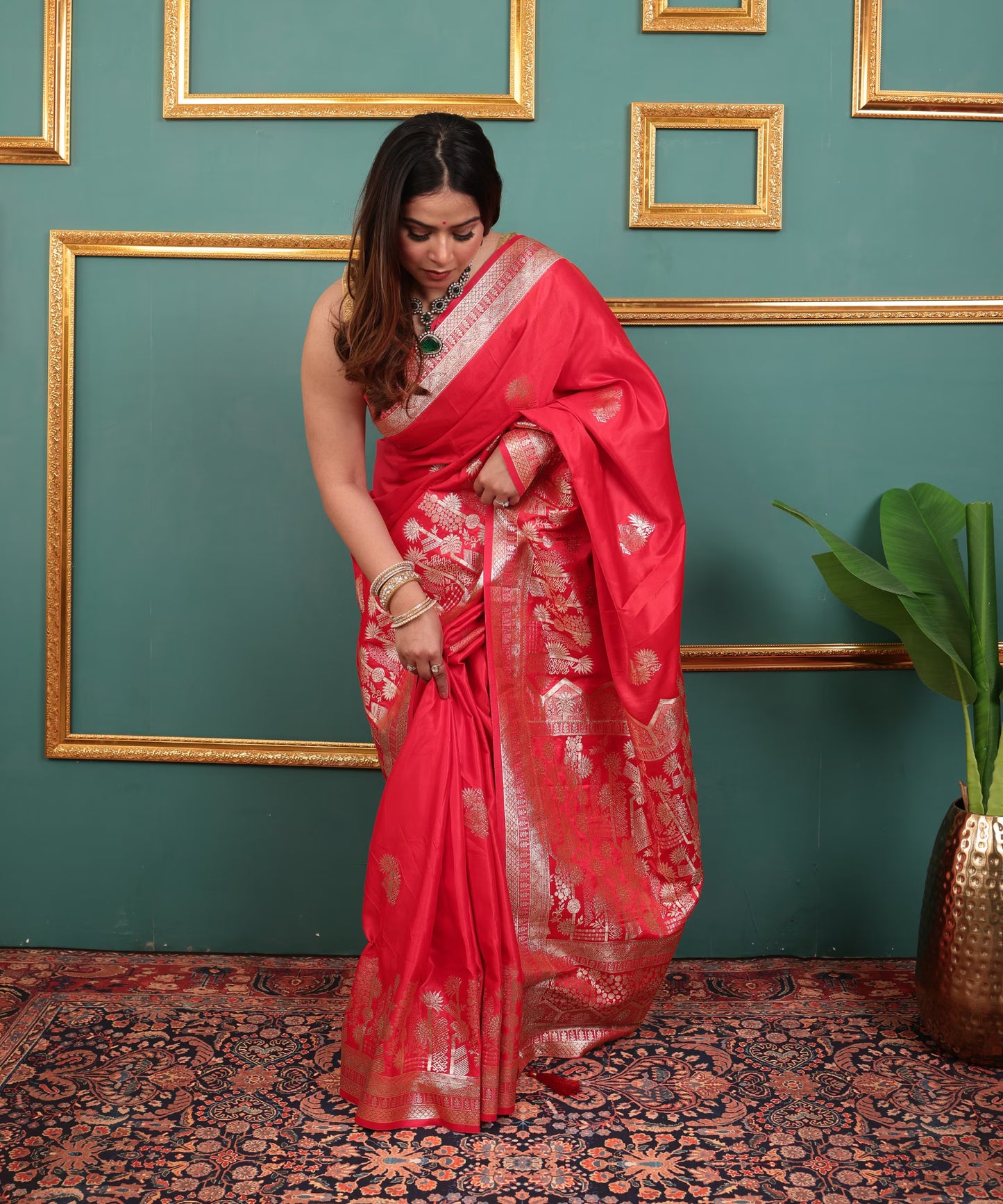 Coral Red Soft Silk Saree with Golden Zari Border