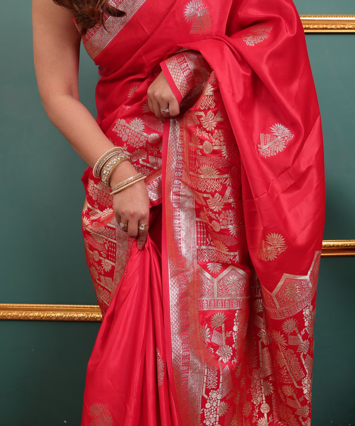 Coral Red Soft Silk Saree with Golden Zari Border