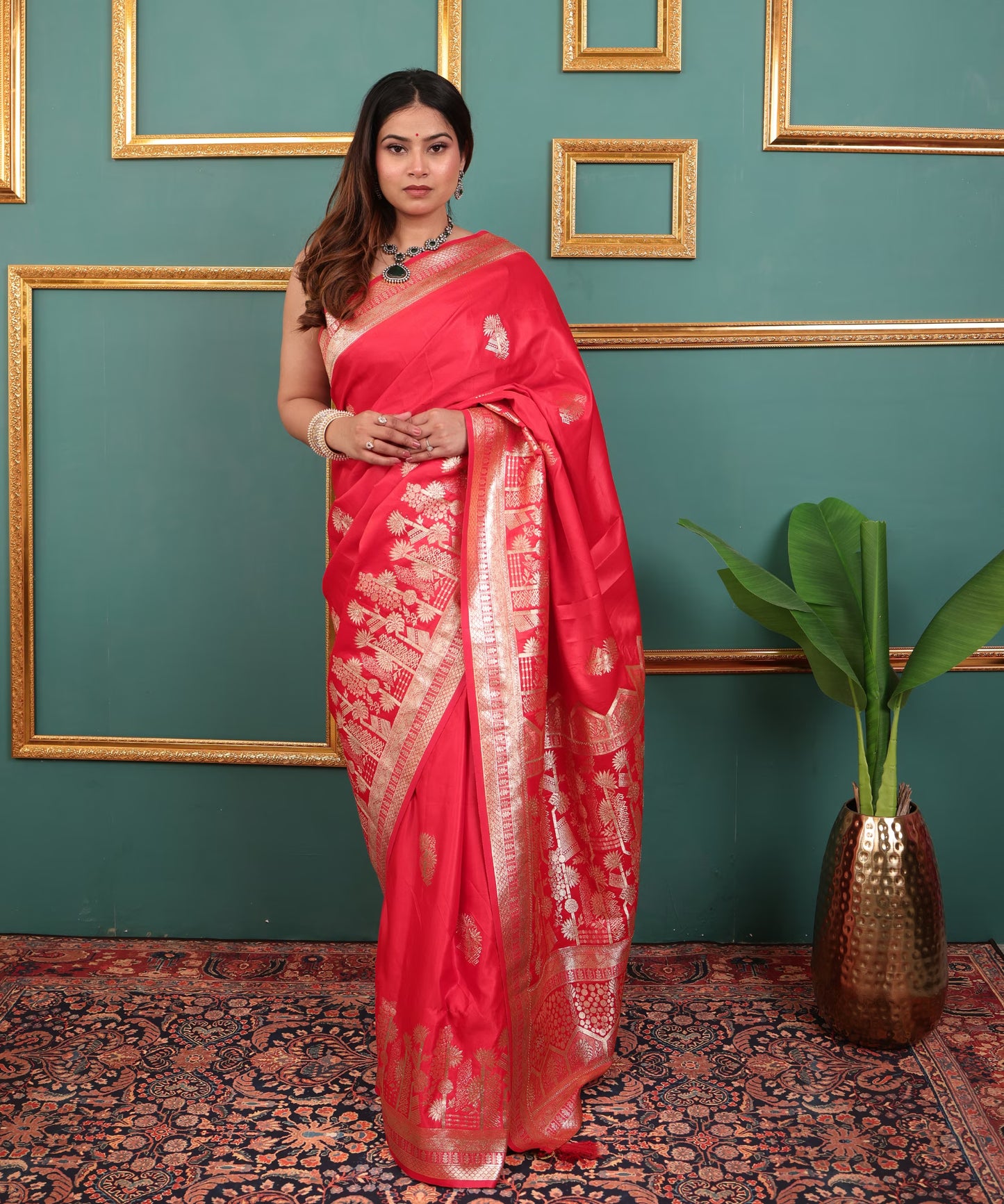 Coral Red Soft Silk Saree with Golden Zari Border