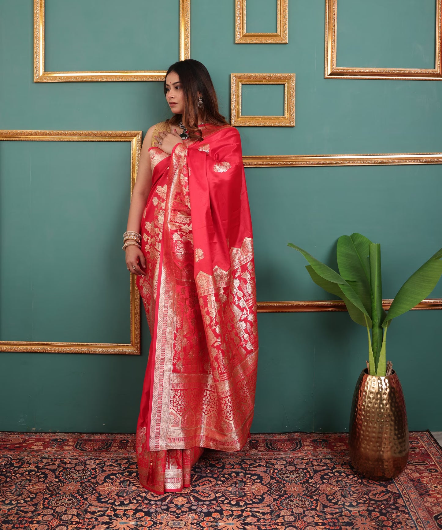 Coral Red Soft Silk Saree with Golden Zari Border