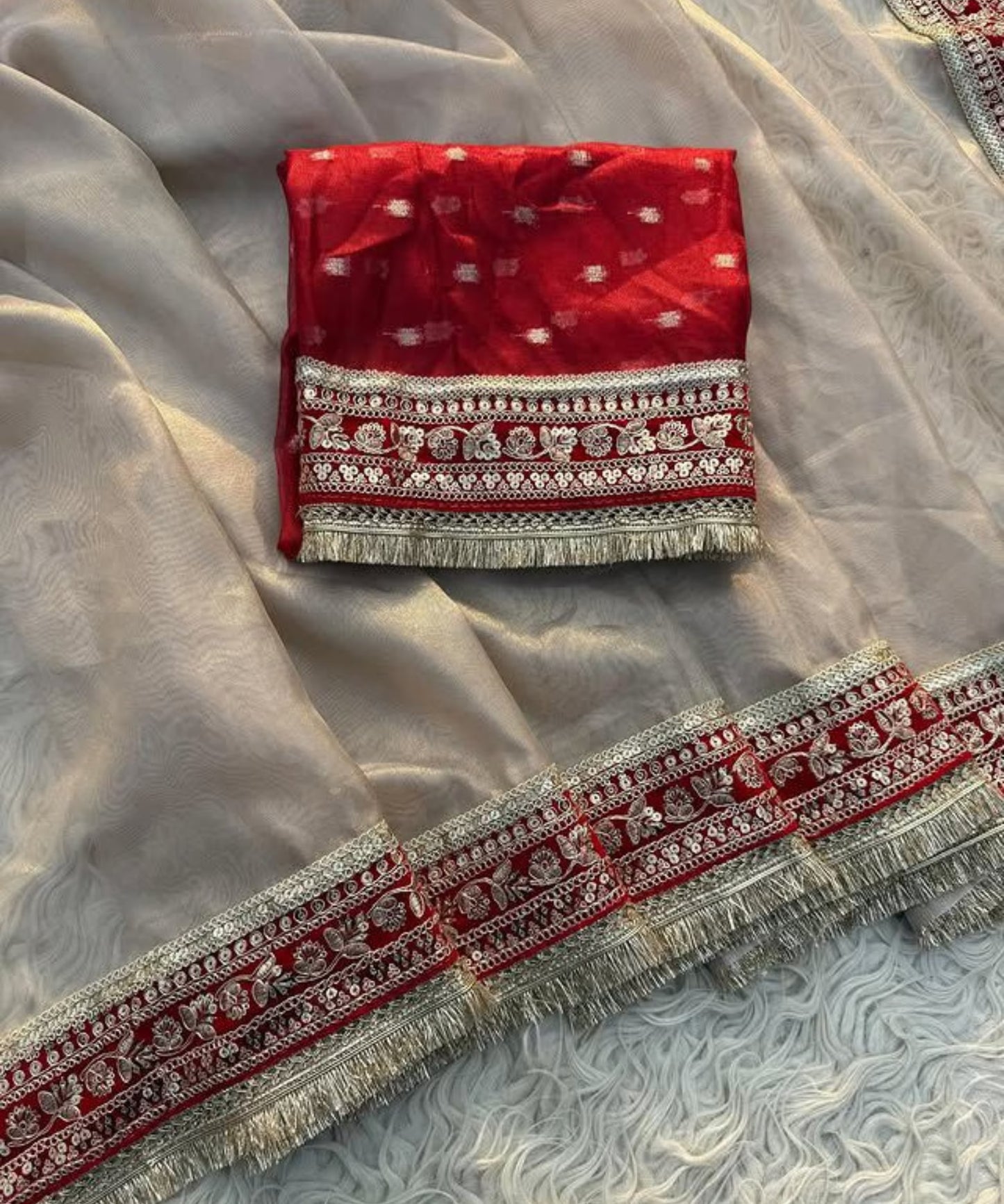 Tissue Luxe Edition – Banarasi Soft Glass Tissue Silk Saree with Velvet & Golden Gotta Lace