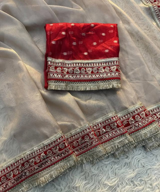 Tissue Luxe Edition – Banarasi Soft Glass Tissue Silk Saree with Velvet & Golden Gotta Lace