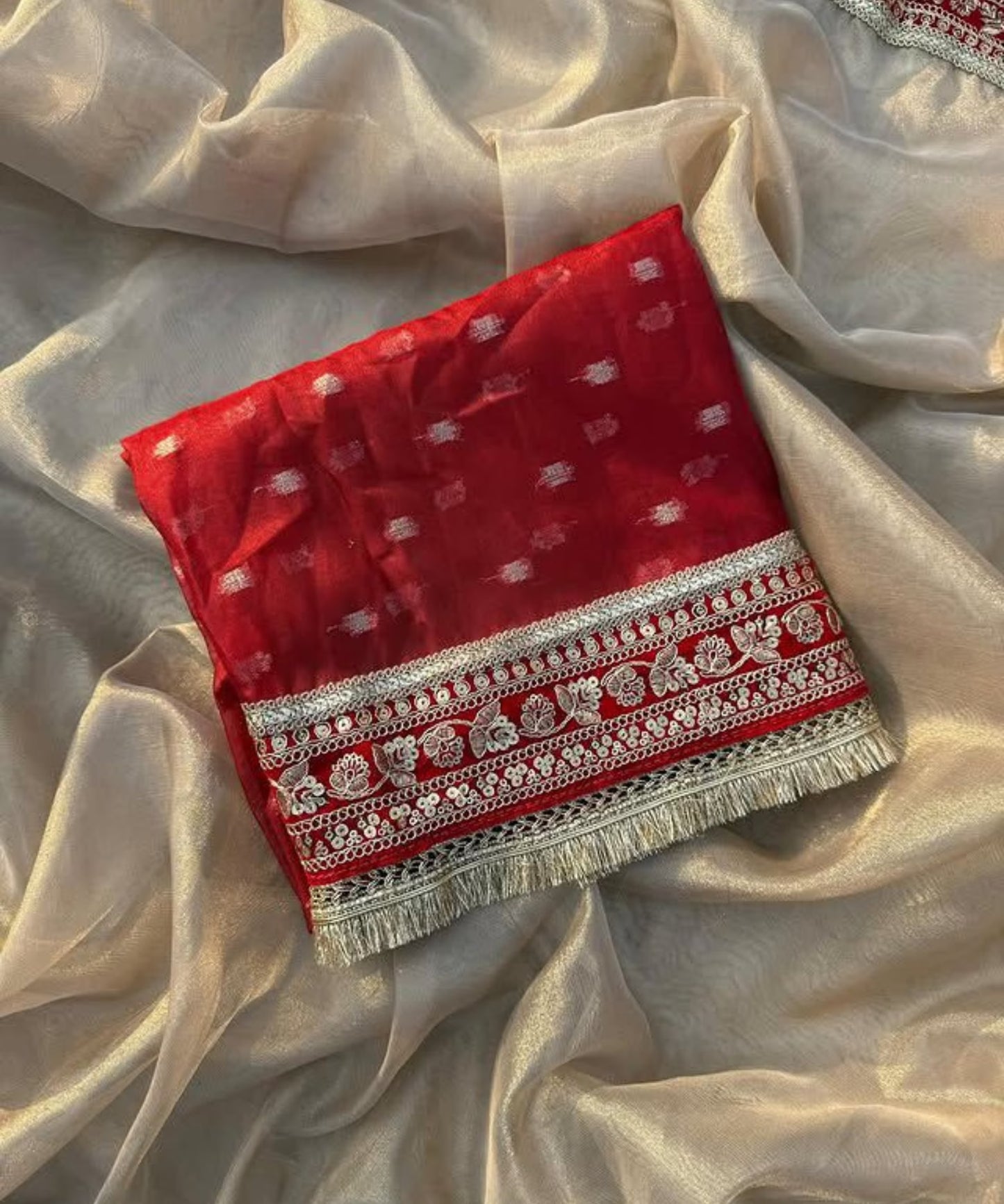 Tissue Luxe Edition – Banarasi Soft Glass Tissue Silk Saree with Velvet & Golden Gotta Lace