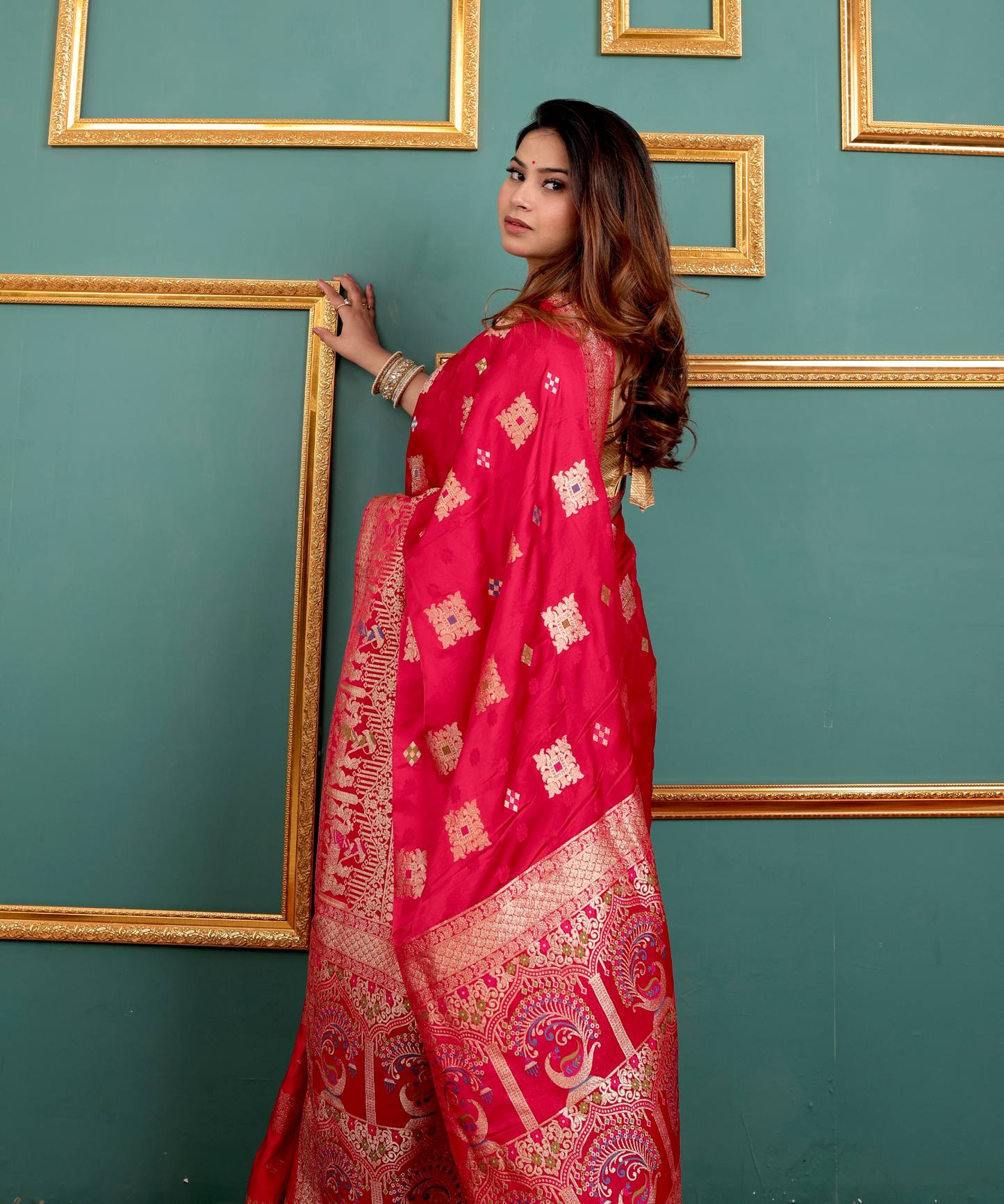 Coral Red Soft Silk Saree with Golden Zari Border