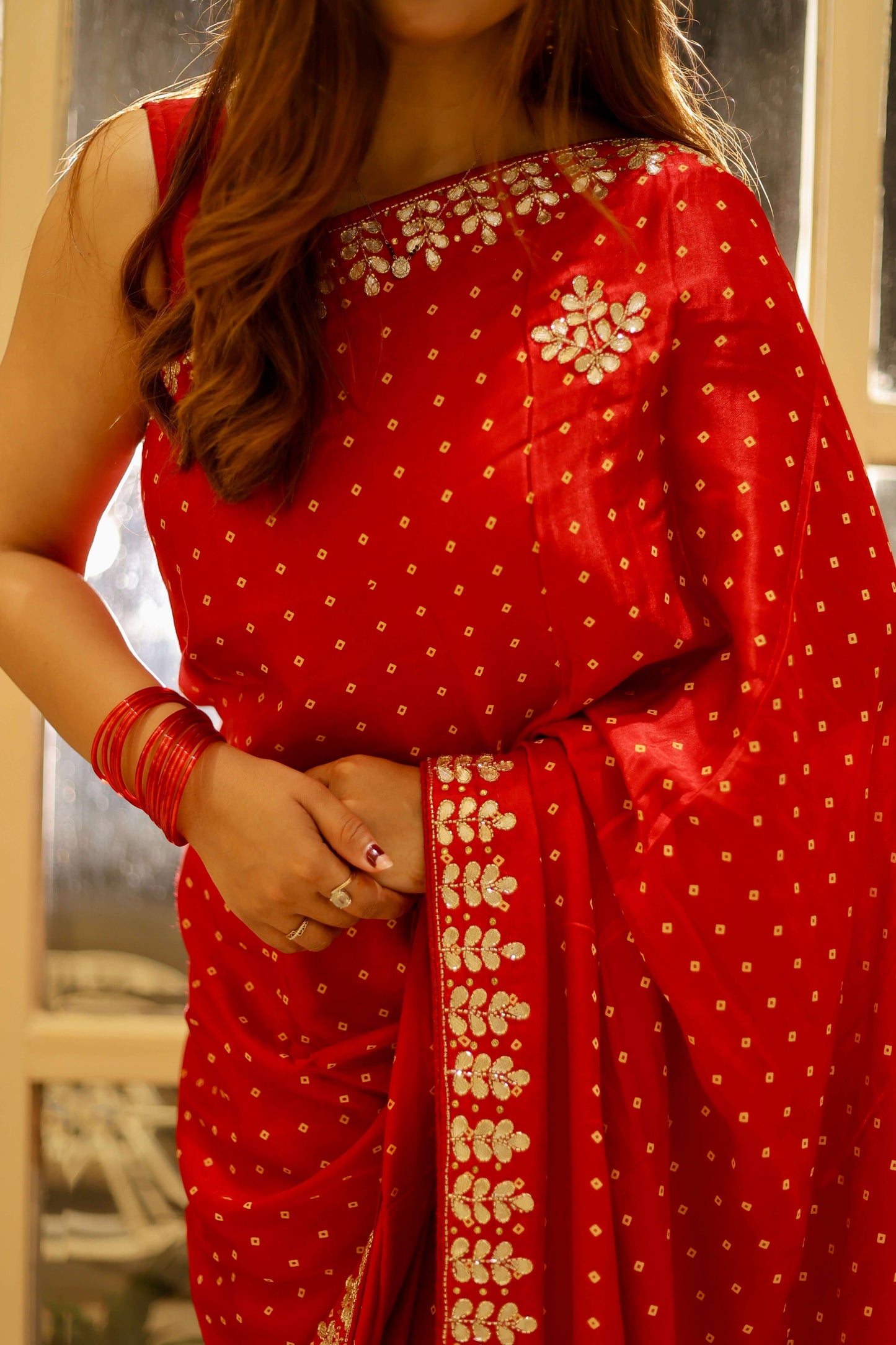 Sindoor Shringar – Karwa Chauth Special Saree in Ruby Red with Golden Detailing