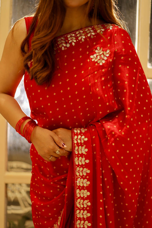 Sindoor Shringar – Karwa Chauth Special Saree in Ruby Red with Golden Detailing