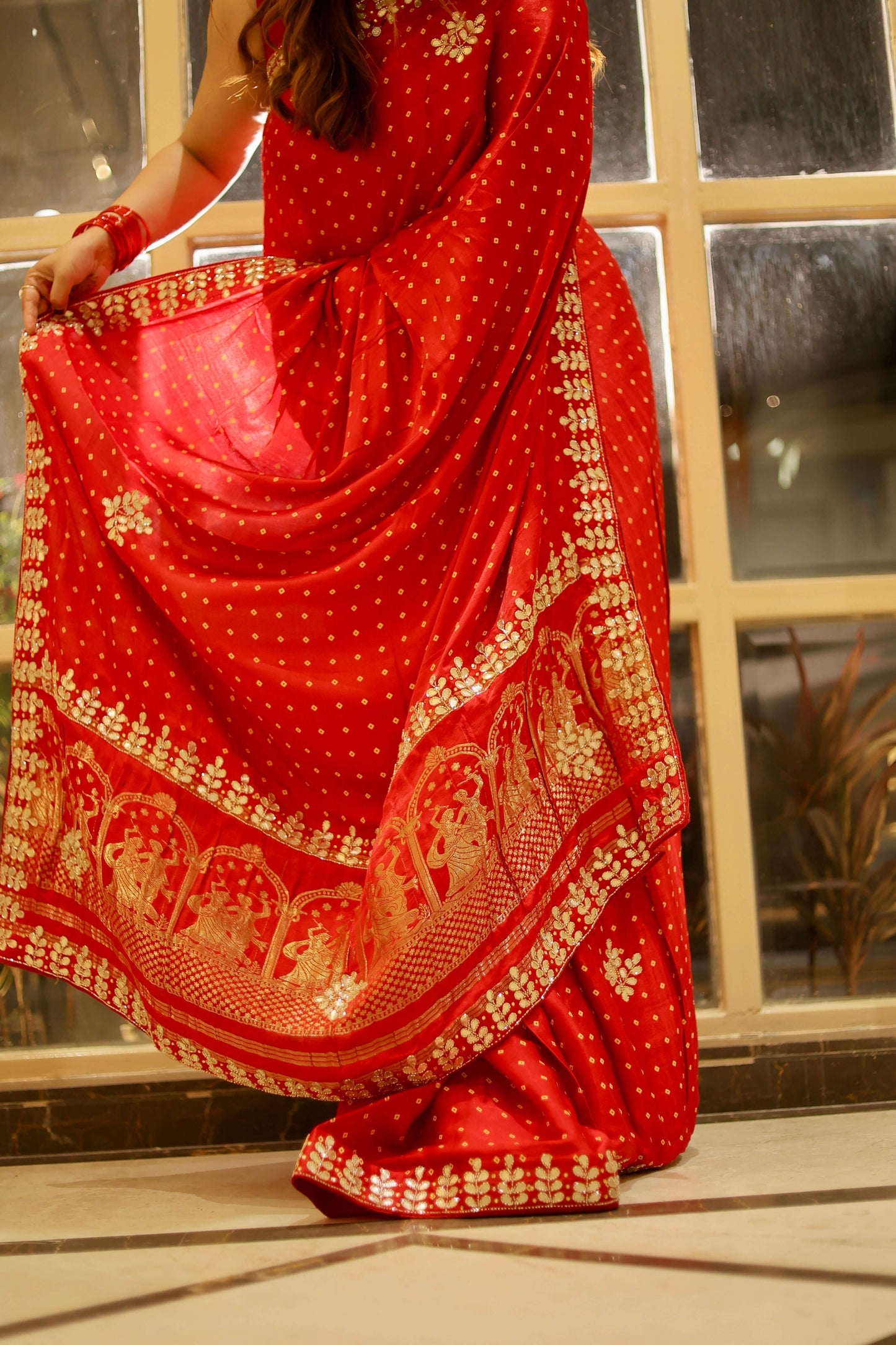Sindoor Shringar – Karwa Chauth Special Saree in Ruby Red with Golden Detailing