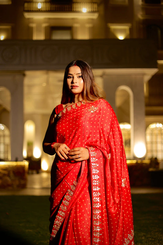 Sindoor Shringar – Karwa Chauth Special Saree in Ruby Red with Golden Detailing
