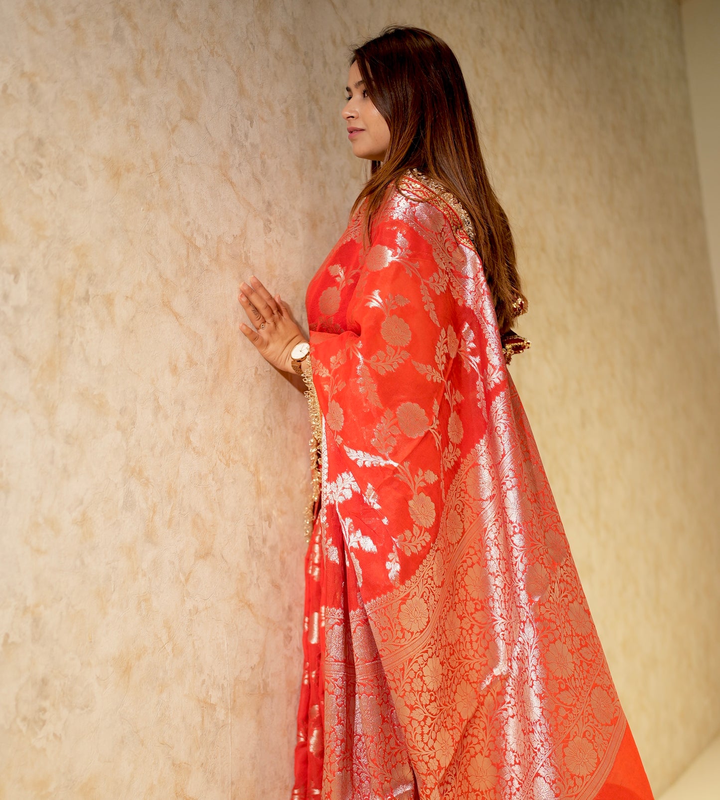 Red Banarasi Soft Georgette Silk Saree with Lace Border