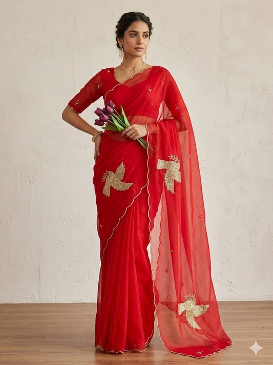 IRA Reet Tulips – Handwork Moss Chiffon Saree