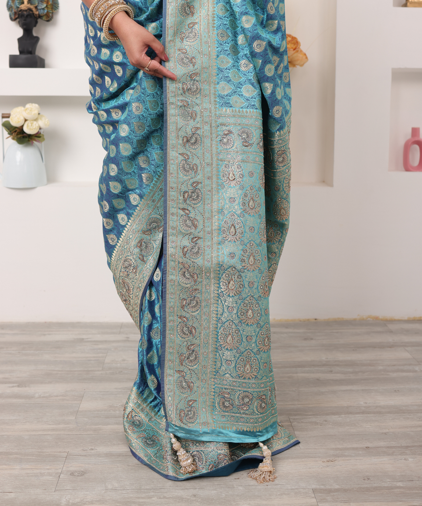 Turquoise Blue Banarasi Silk Saree with Silver Zari Weaving