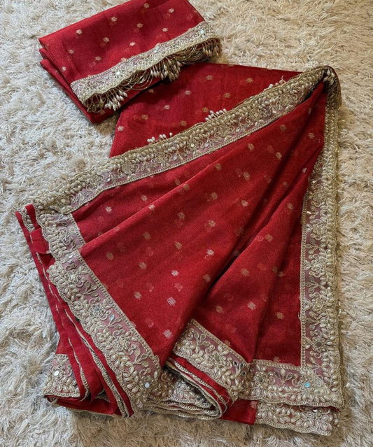Banarasi Soft Maharani Tissue Silk Saree with Buti Weaving & Lace Border