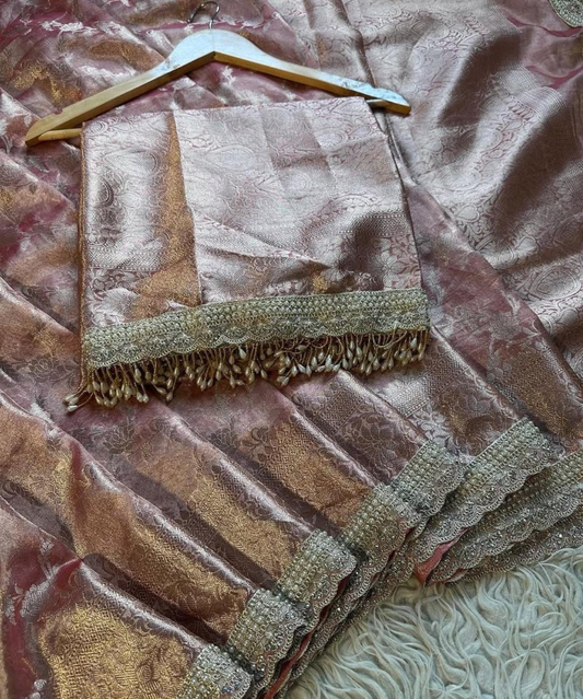 Maharani Collection – Banarasi Soft Tissue Silk Saree with Jaal Weaving & Handwork Lace Border