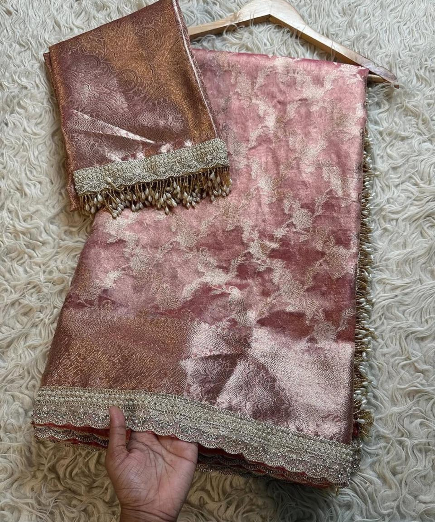 Maharani Collection – Banarasi Soft Tissue Silk Saree with Jaal Weaving & Handwork Lace Border