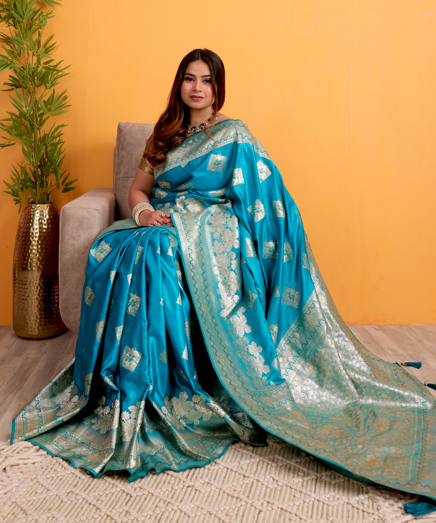 Turquoise Blue Banarasi Soft Silk Saree with Silver Zari Weaving