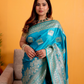 Turquoise Blue Banarasi Soft Silk Saree with Silver Zari Weaving