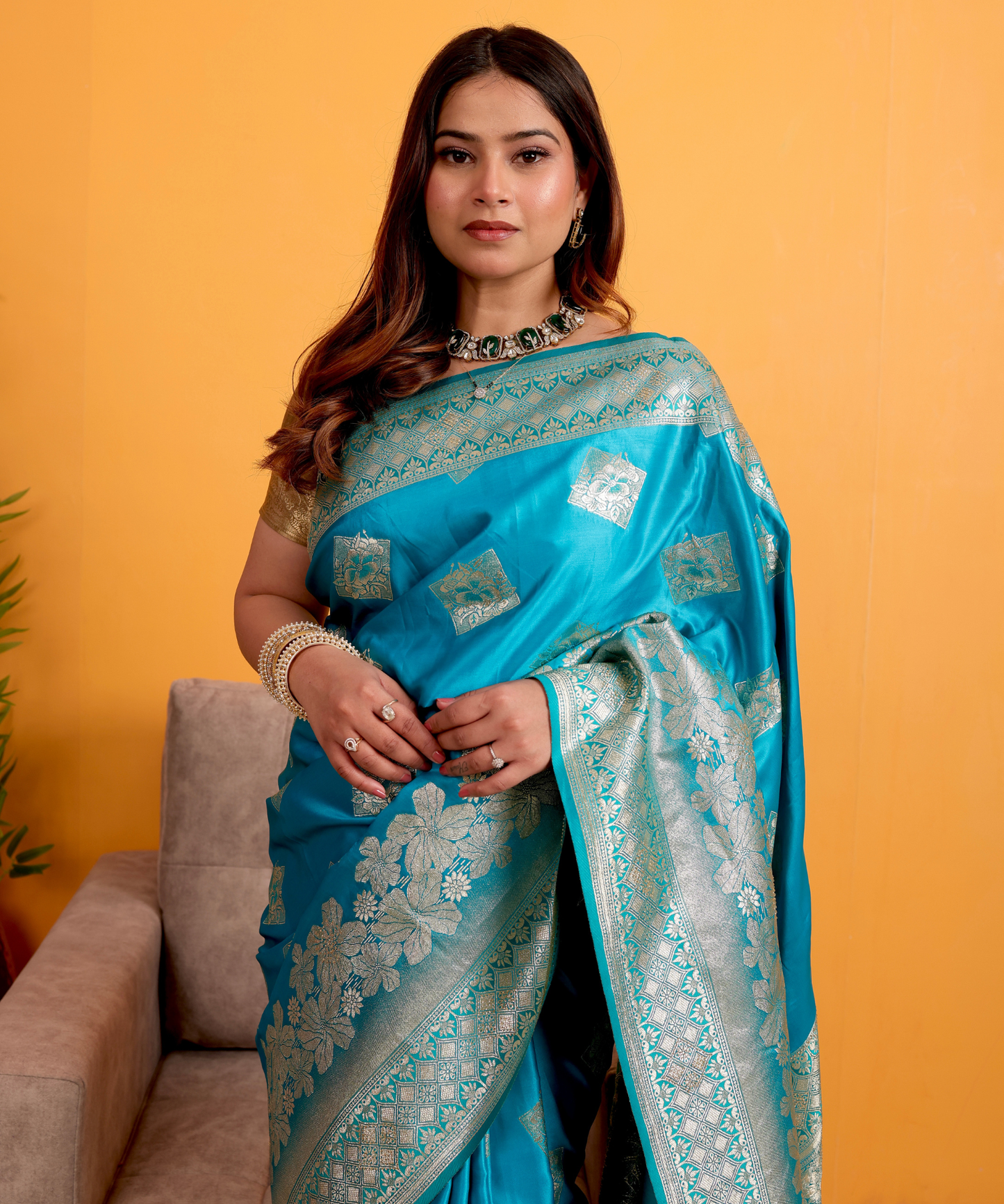 Turquoise Blue Banarasi Soft Silk Saree with Silver Zari Weaving