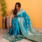Turquoise Blue Banarasi Soft Silk Saree with Silver Zari Weaving