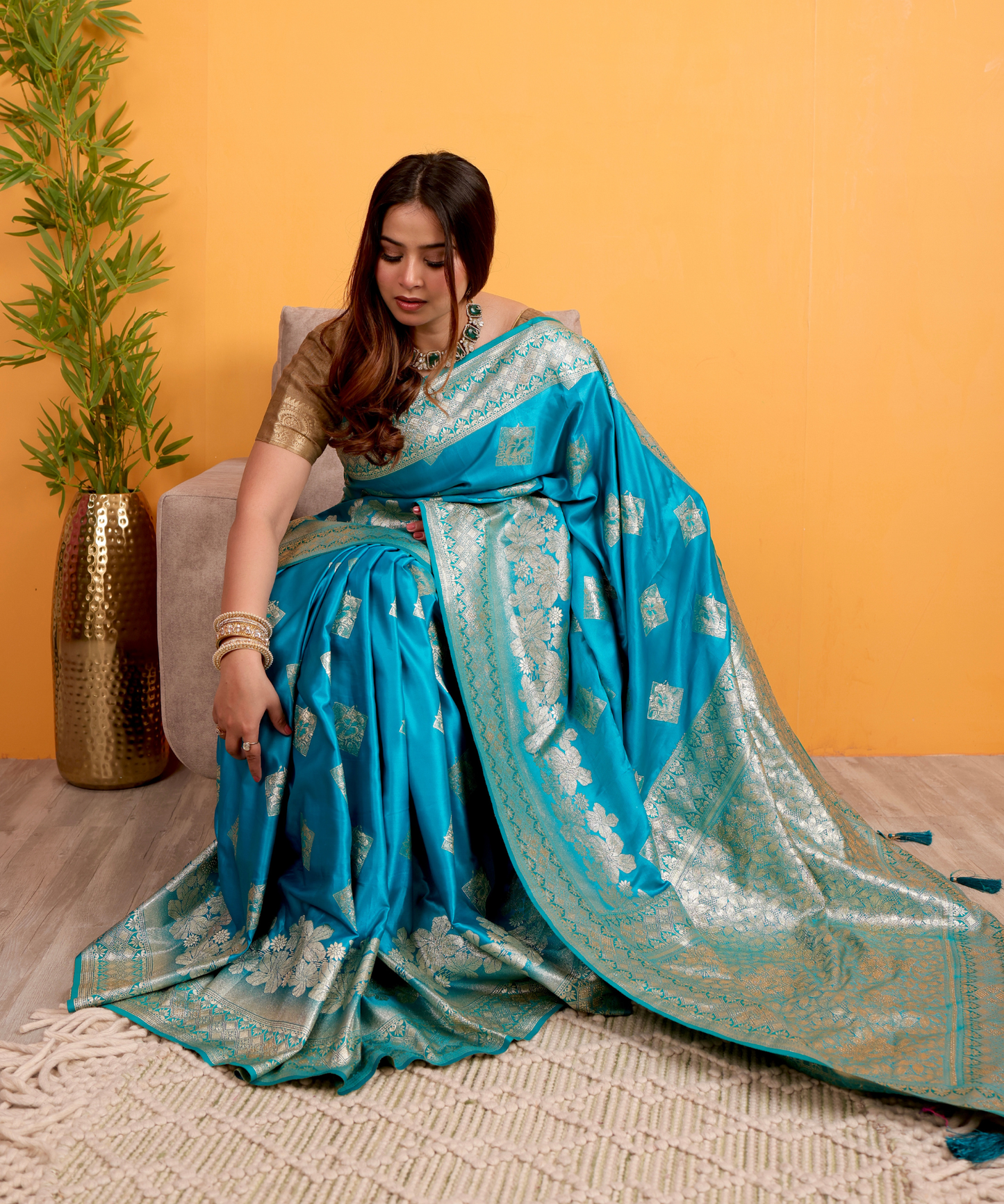 Turquoise Blue Banarasi Soft Silk Saree with Silver Zari Weaving