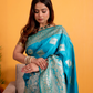 Turquoise Blue Banarasi Soft Silk Saree with Silver Zari Weaving