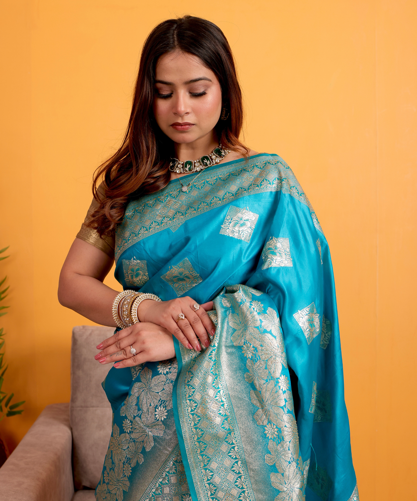 Turquoise Blue Banarasi Soft Silk Saree with Silver Zari Weaving