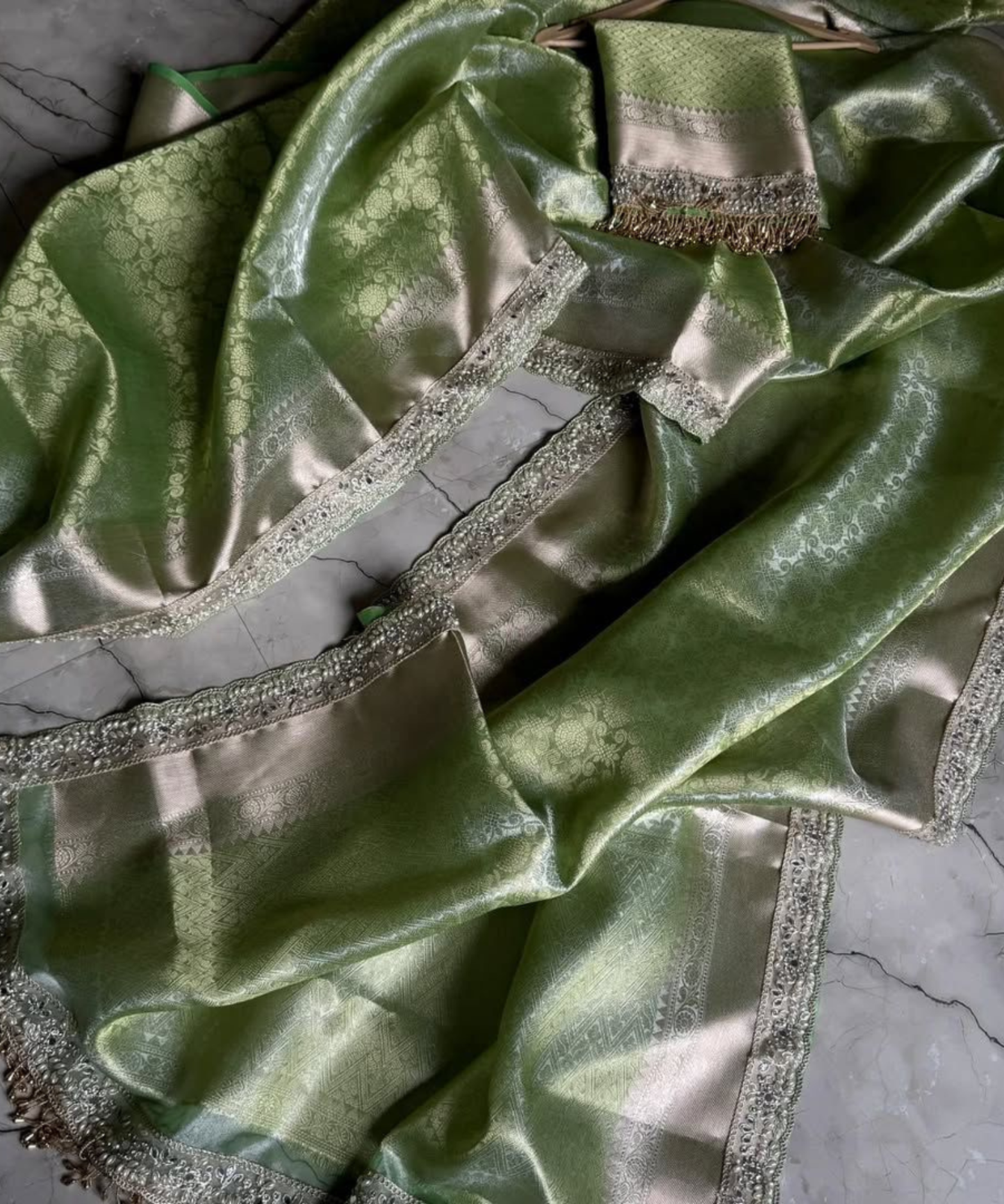 Grape Banarasi Soft Kanchi Tissue Silk Saree with Lace Border & Brocade Blouse