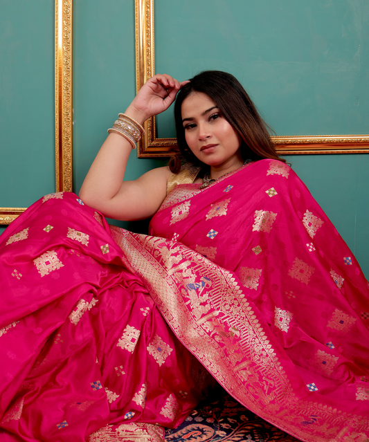 Fuchsia Pink Banarasi Art Silk Saree with Golden Zari Weaving