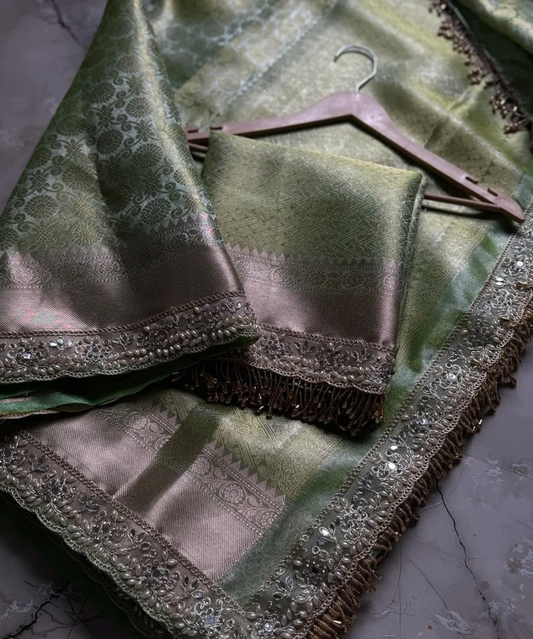 Grape Banarasi Soft Kanchi Tissue Silk Saree with Lace Border & Brocade Blouse