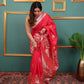 Coral Red Soft Silk Saree with Golden Zari Border