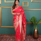 Coral Red Soft Silk Saree with Golden Zari Border