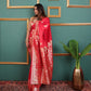 Coral Red Soft Silk Saree with Golden Zari Border
