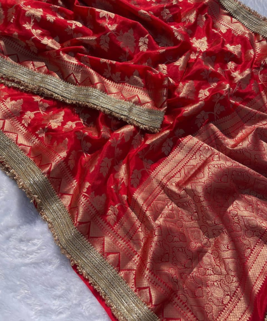 Banarasi Soft Khaddi Georgette Silk Saree with Buti Weaving & Lace Border