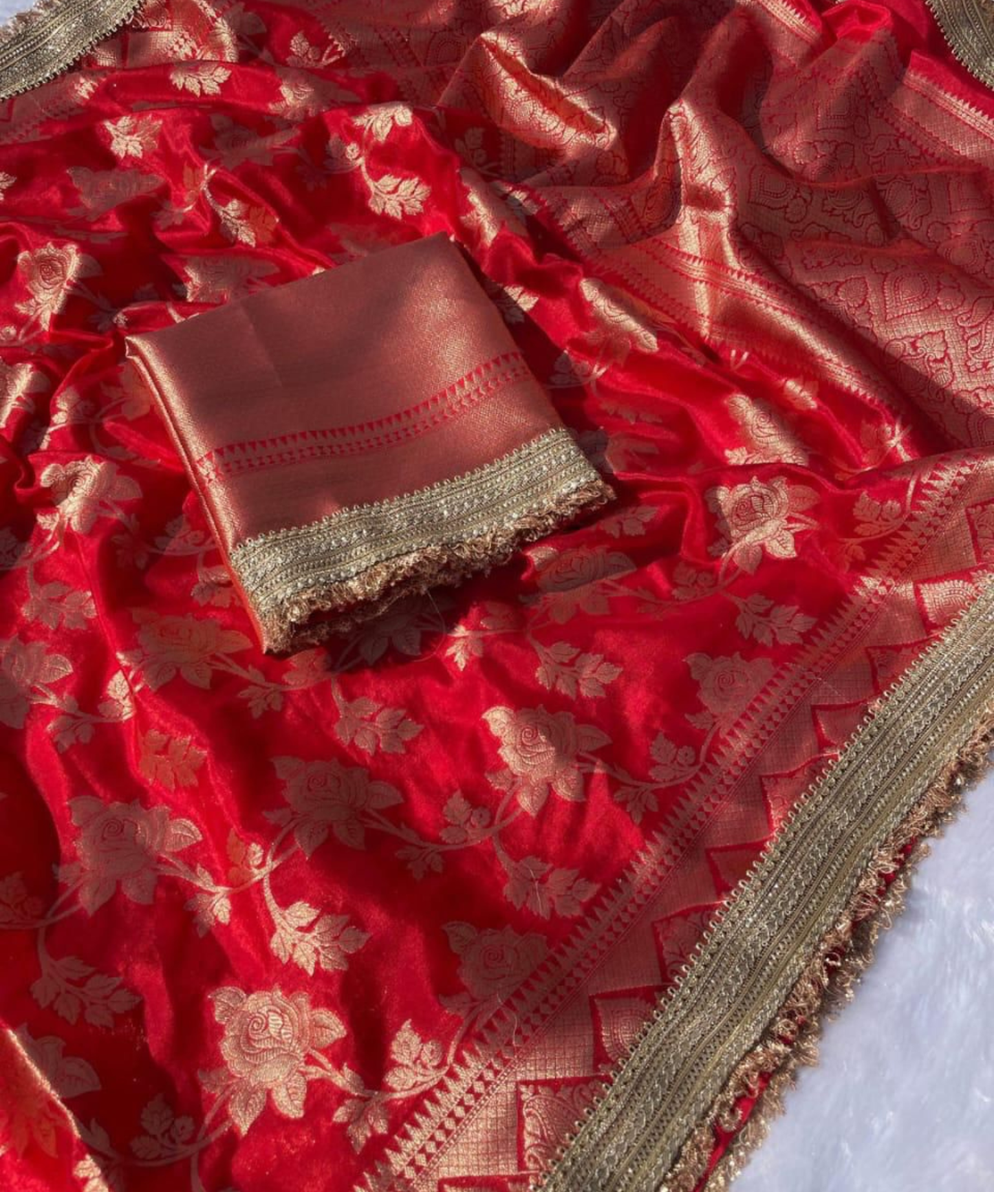 Banarasi Soft Khaddi Georgette Silk Saree with Buti Weaving & Lace Border