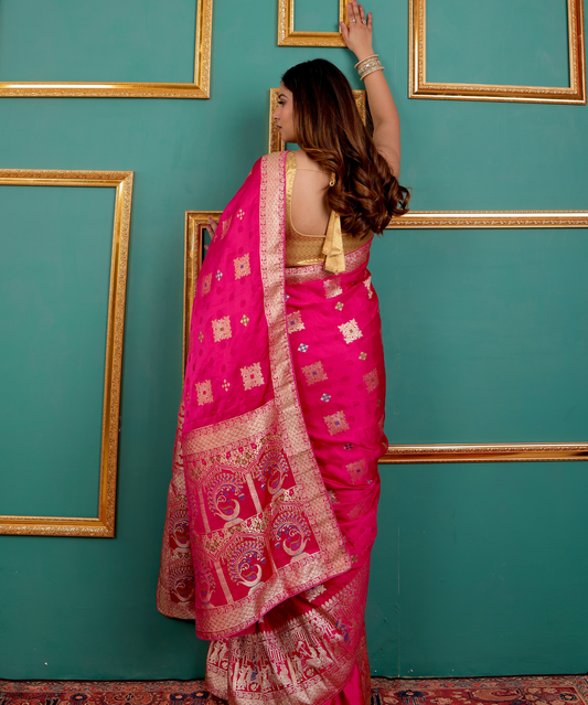 Fuchsia Pink Banarasi Art Silk Saree with Golden Zari Weaving
