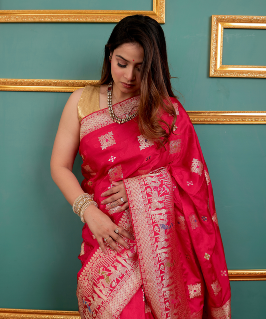 Coral Red Soft Silk Saree with Golden Zari Border