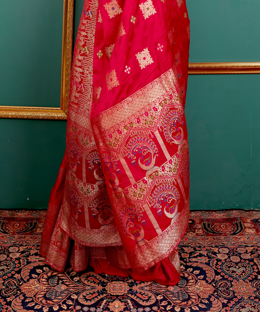 Coral Red Soft Silk Saree with Golden Zari Border