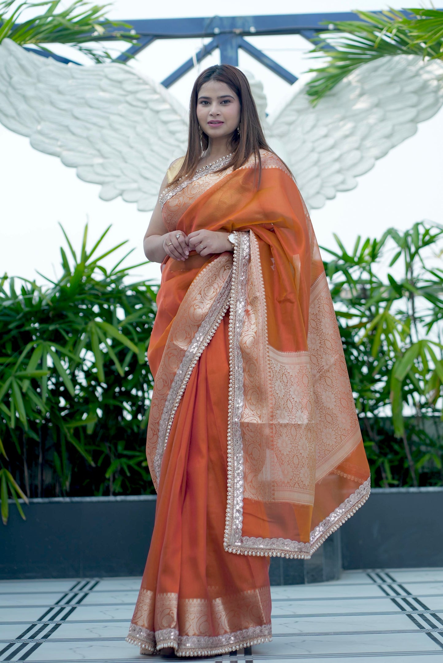 Elegant Rust Orange Banarasi Tissue Silk Saree with Lace Border