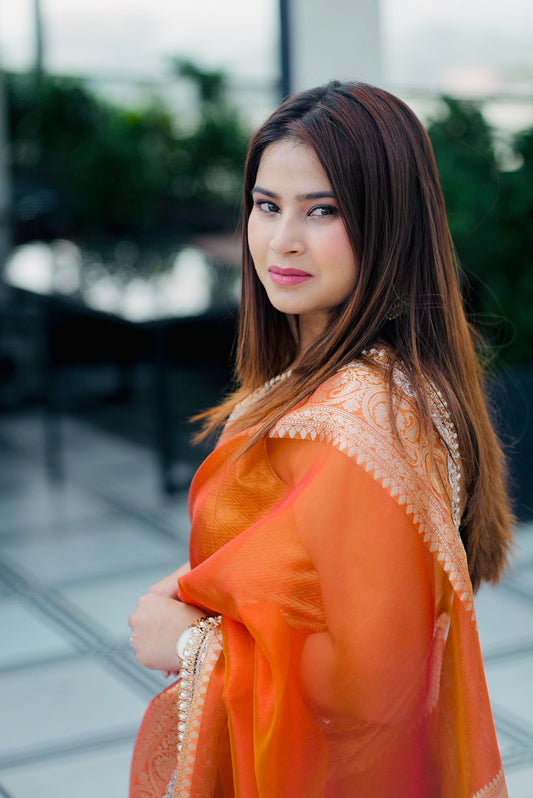 Elegant Rust Orange Banarasi Tissue Silk Saree with Lace Border