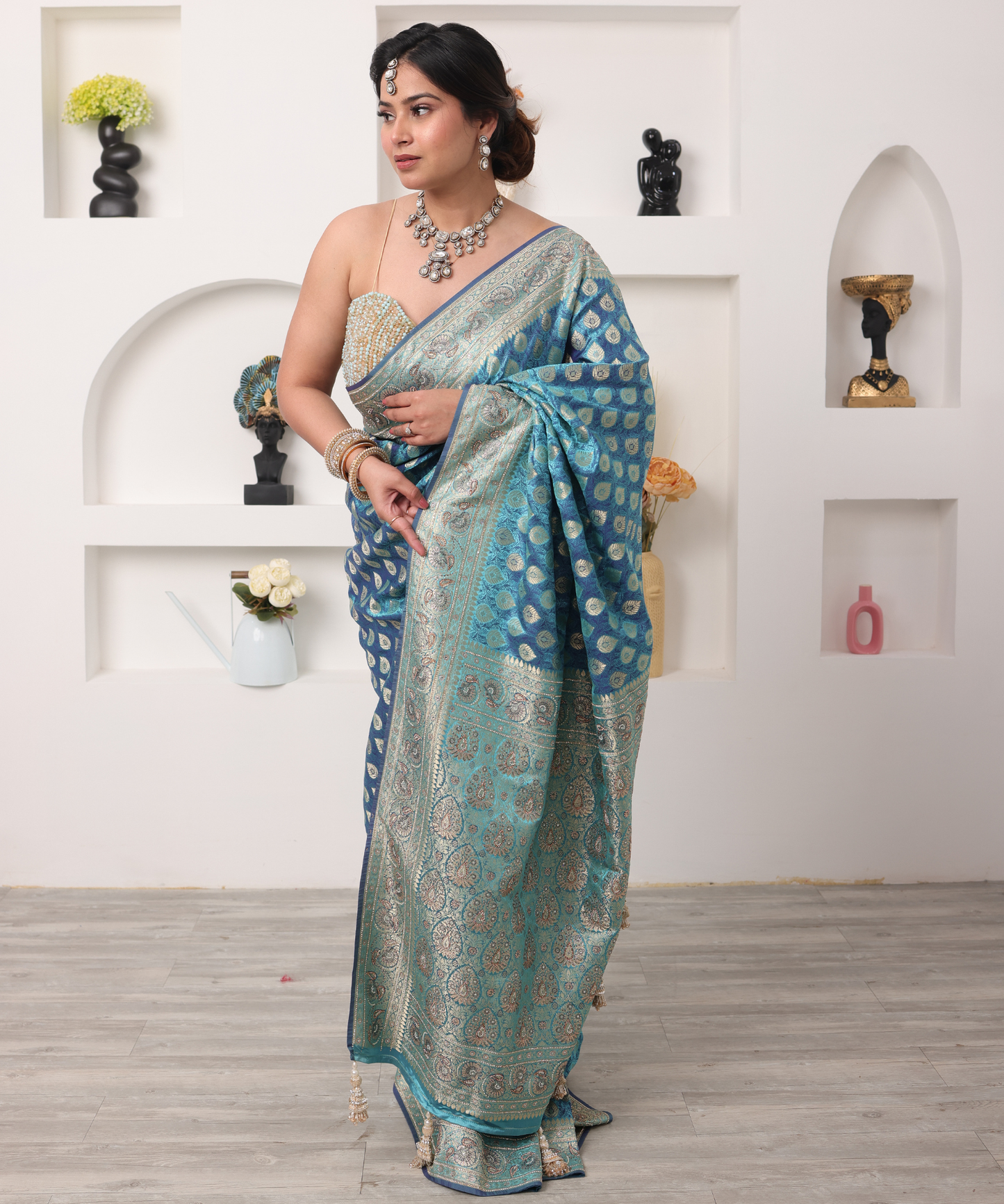 Turquoise Blue Banarasi Silk Saree with Silver Zari Weaving