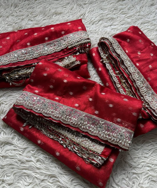 Banarasi Soft Maharani Tissue Silk Saree with Buti Weaving & Lace Border